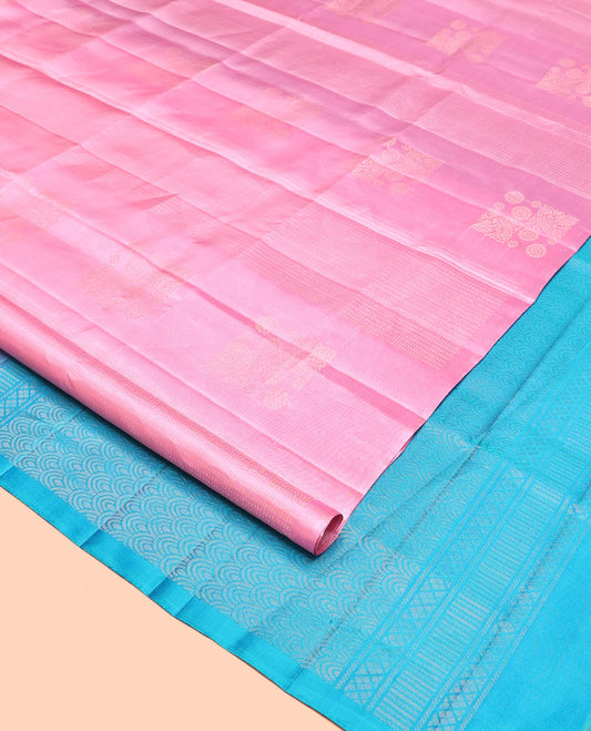 Borderless Pink Mayuri Soft Silk Saree, Accentuated with Stripes and Buttas All Over Its Body, Complemented by a Contrast Scallop Design Pallu, and Paired with a Contrast Blouse
