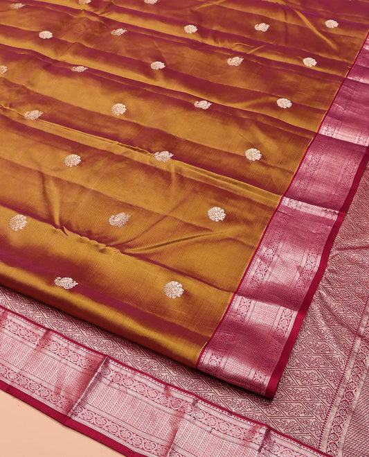 Orange Vasundhara Lite Silk Mix Saree, Elevated with Zari Buttas All Over Its Body, Complemented by a Contrast Border of Rekku, Banaras, Muthu, Kodi Visiry, and Puli Nagam Designs, Grand Jaal Pallu, and Paired with a Contrast Blouse