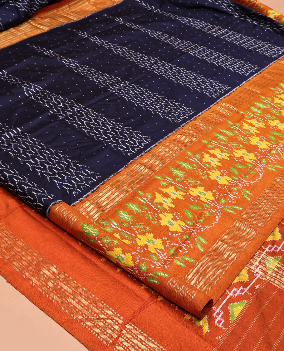 Blue Pochampally Ikat Silk Saree, Embellished with Ikkat Buttas on Its Body, Complemented by a Contrast Intricately Ikkat Woven Border, Pallu of Ikkat Weave, and Paired with a Contrast Blouse