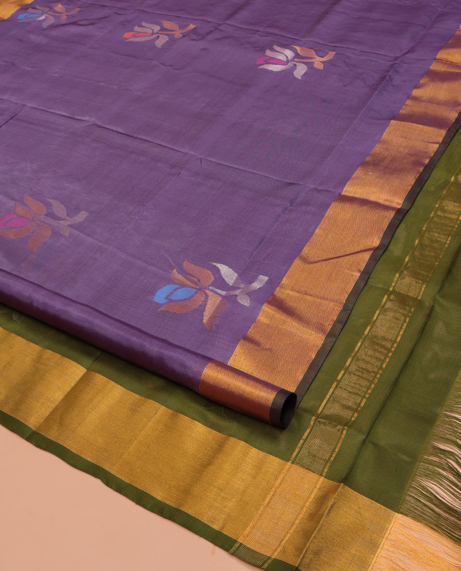 Purple Uppada Silk Saree, Richly Detailed with Floral Meena Buttas All Over Its Body, Subtle Bavanji Border, Complemented by Contrast Pallu of Floral Meena Buttas, and Paired with a Contrast Blouse