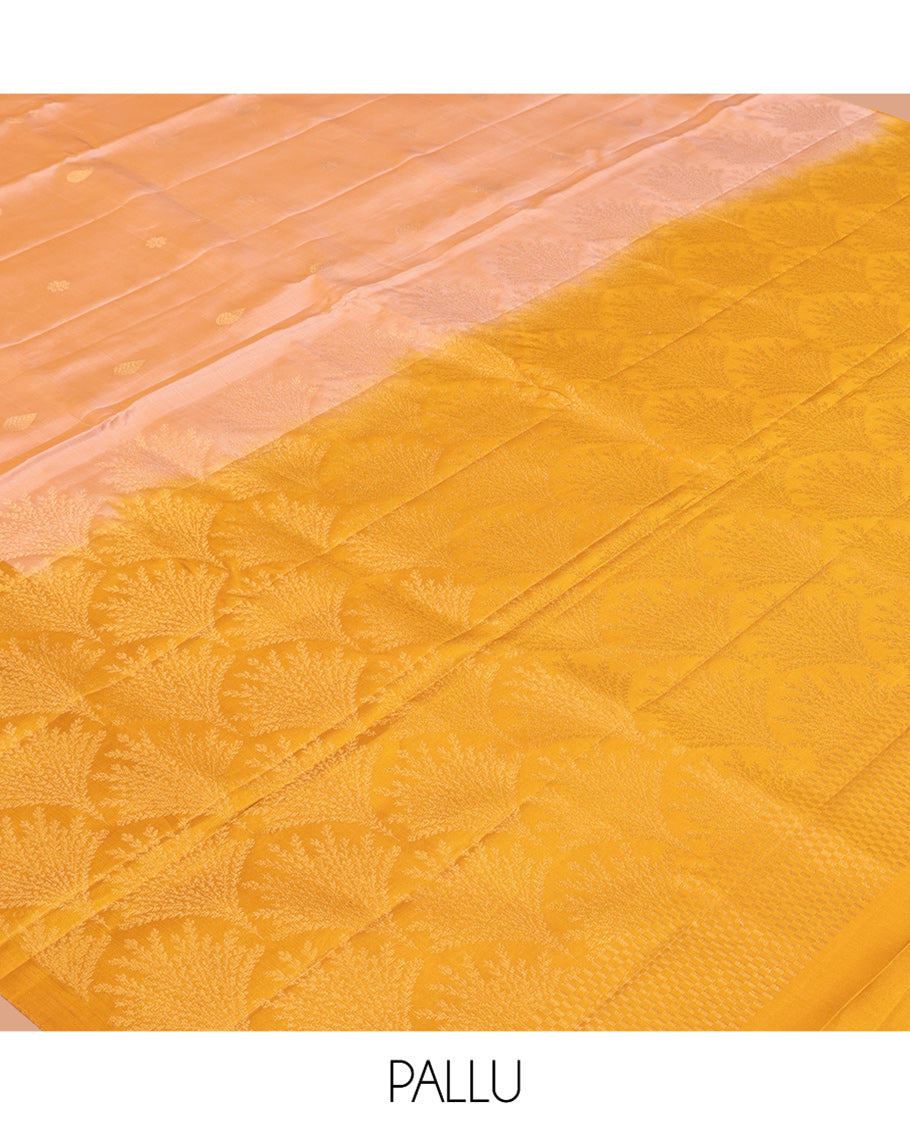 Peach Mayuri Lite Silk Mix Saree, Sparsely Woven with Zari Buttas, Complemented By Contrast Border of Floral Buttas, a Grand Pallu, and a Contrast Blouse