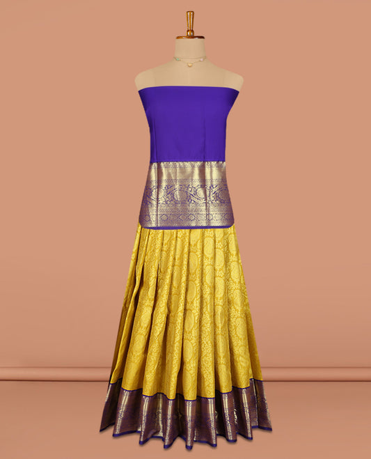 Yellow Jacquard Art Silk Pavadai Material, Ornamented with Contrast Traditional Border, Contrast Blouse