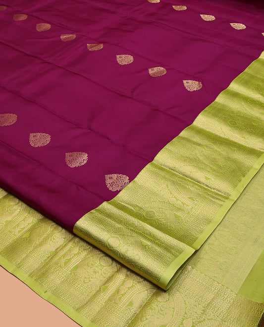 Wine Vasundhara Silk Saree, Graced with Zari Buttas, Complemented by Contrast Traditional Border of Mayil Designs, Grand Pallu, and a Contrast Blouse