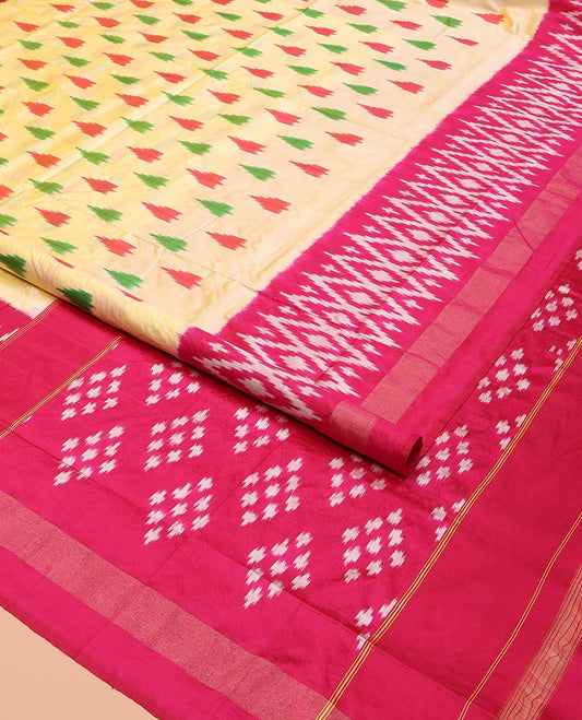 Sandal Ikkat Silk Saree, Beautifully Bedecked with Ikkat Temple Buttas All Over Its Body, Complemented by a Contrast Border of Jaal Designs, Pallu Steeped with Ikkat Buttas, and Paired with a Contrast Blouse
