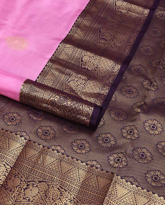 Light pink buttas silk saree with contrast intricate zari design border & floral design pallu