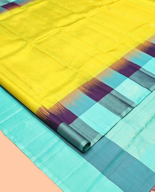 Yellow Kanchipuram Silk Saree, Sparsely Woven with Buttas, a Contrast Checked Sparsely Woven Border, Jaal Pallu, and a Contrast Blouse