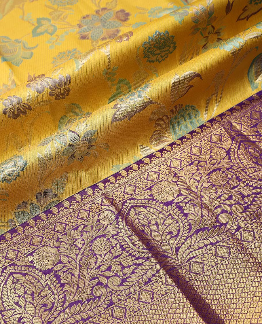 Yellow floral buttas pure silk half saree with contrast zari border,  contrast zari design blouse & plain with zari border dhavani