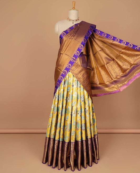 Yellow floral buttas pure silk half saree with contrast zari border,  contrast zari design blouse & plain with zari border dhavani