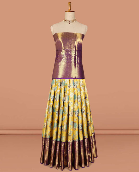 Yellow floral buttas pure silk half saree with contrast zari border,  contrast zari design blouse & plain with zari border dhavani