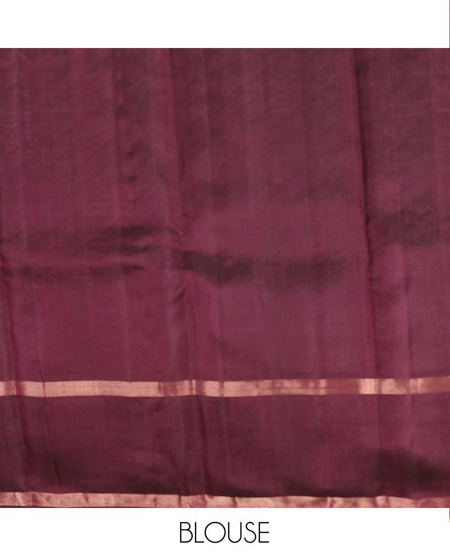 Orange zari design Kanchipuram silk saree, contrast rettai pettu zari striped border, and jaal patterned pallu