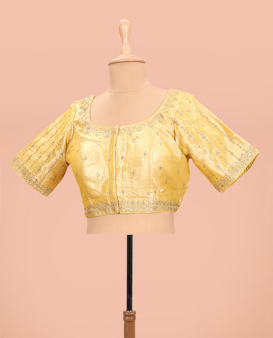 Yellow embroidered round neck with elbow sleeve raw-silk blouse