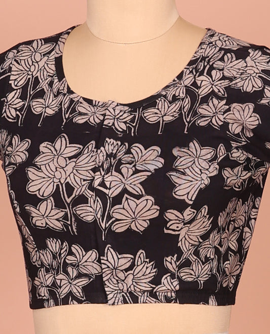 Black Cotton Readymade Blouse Detailed with All-Over Floral Print, Featuring a Front Round-Neck, a Closed Back Neck, and Elbow Sleeves