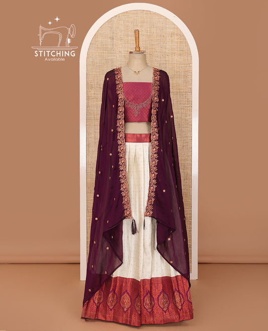 Cream lehenga set, buttas & contrast traditional zari stone work border skirt, jacquard neck embroidered blouse & embroidered scallop border dhavani with belt
