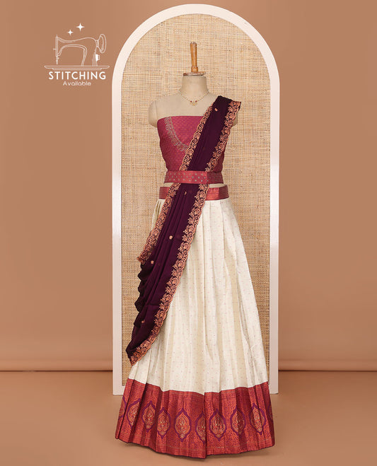 Cream lehenga set, buttas & contrast traditional zari stone work border skirt, jacquard neck embroidered blouse & embroidered scallop border dhavani with belt