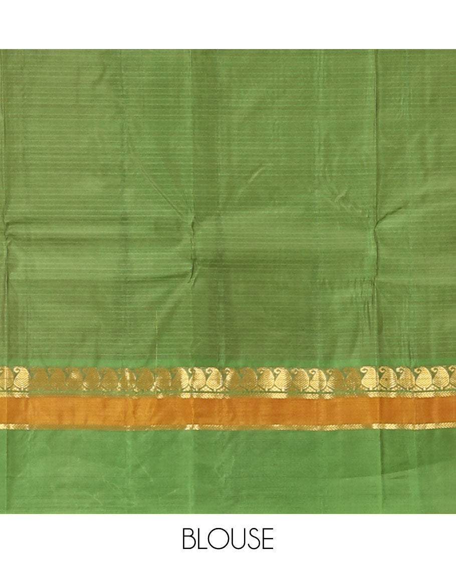 Grey striped Kanchipuram silk saree, contrast rettai pettu border of vanki manga, and kathir designs, and zari striped pallu