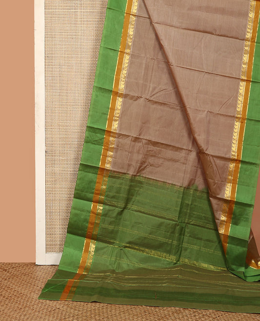 Grey striped Kanchipuram silk saree, contrast rettai pettu border of vanki manga, and kathir designs, and zari striped pallu