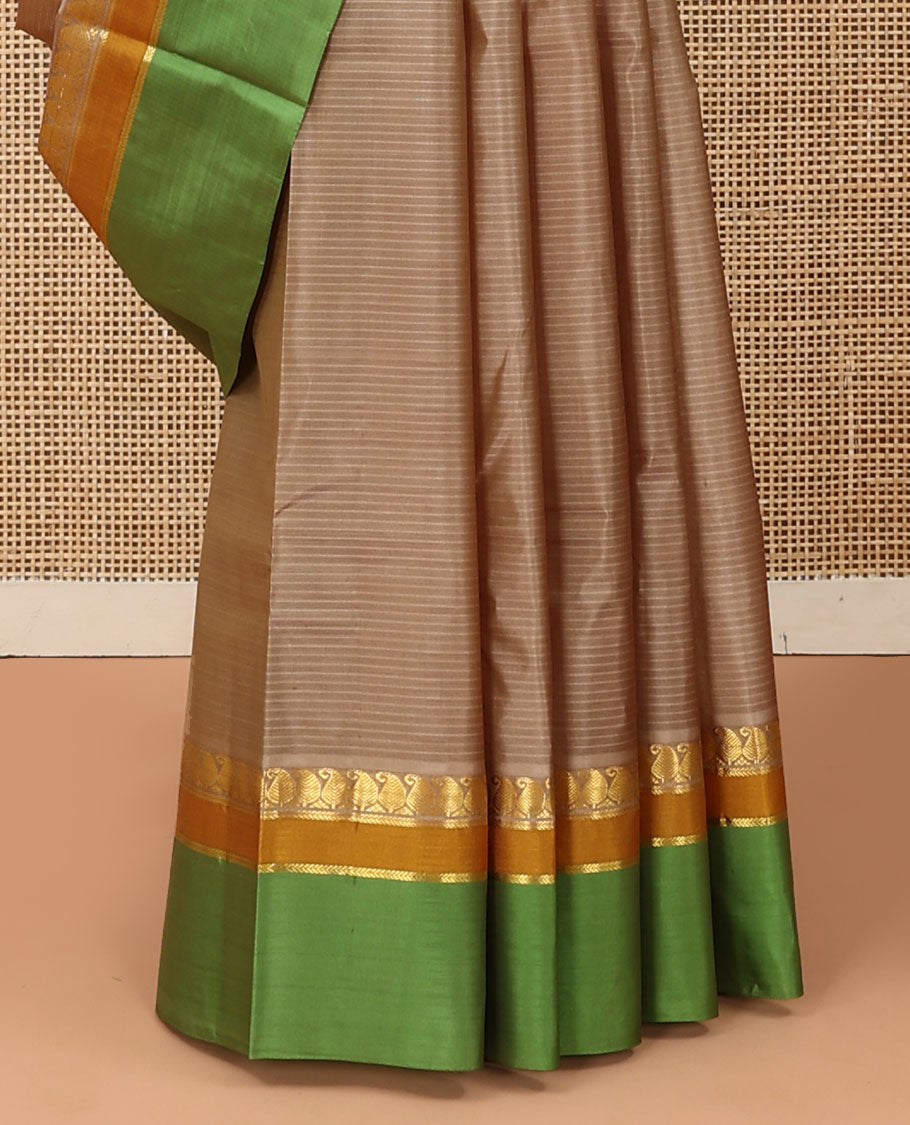 Grey striped Kanchipuram silk saree, contrast rettai pettu border of vanki manga, and kathir designs, and zari striped pallu