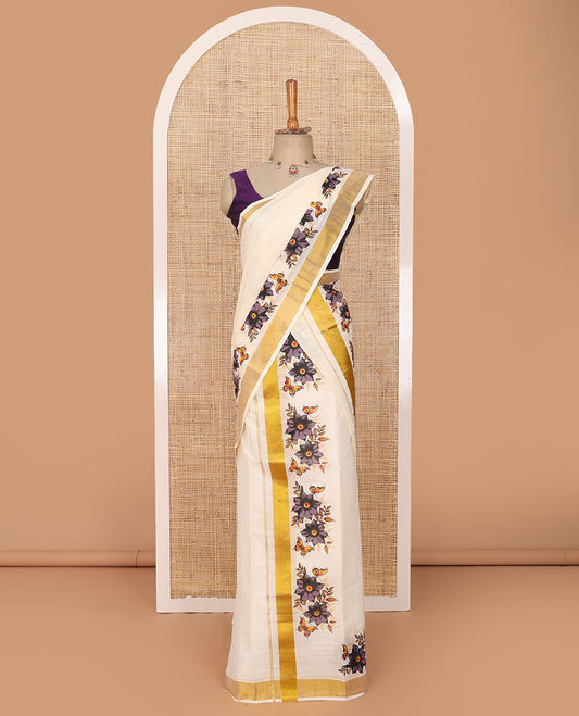 Cream floral & butterflies printed Kerala mundu set with zari border