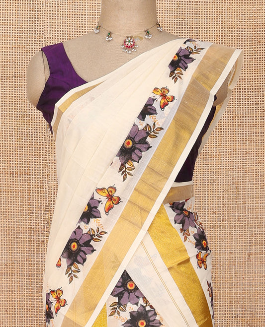 Cream floral & butterflies printed Kerala mundu set with zari border