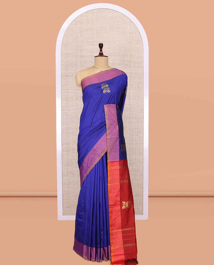 Blue Arani Saree, Adorned with Floral Zari Buttas, a Contrast Border, Contrast Floral Buttas Pallu, and a Contrast Blouse