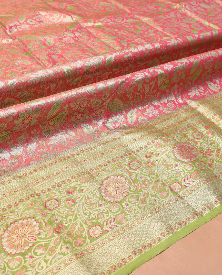 Pink Art Silk Material Half Saree Set, Enriched with Jacquard Skirt, a Contrast Meenakari Floral Border, Contrast Blouse, and an Intricate Dhavani