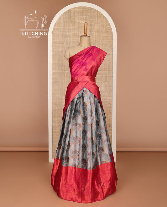 Grey floral jaal design half saree with contrast zari design border , zari design blouse & floral zari design dhavani