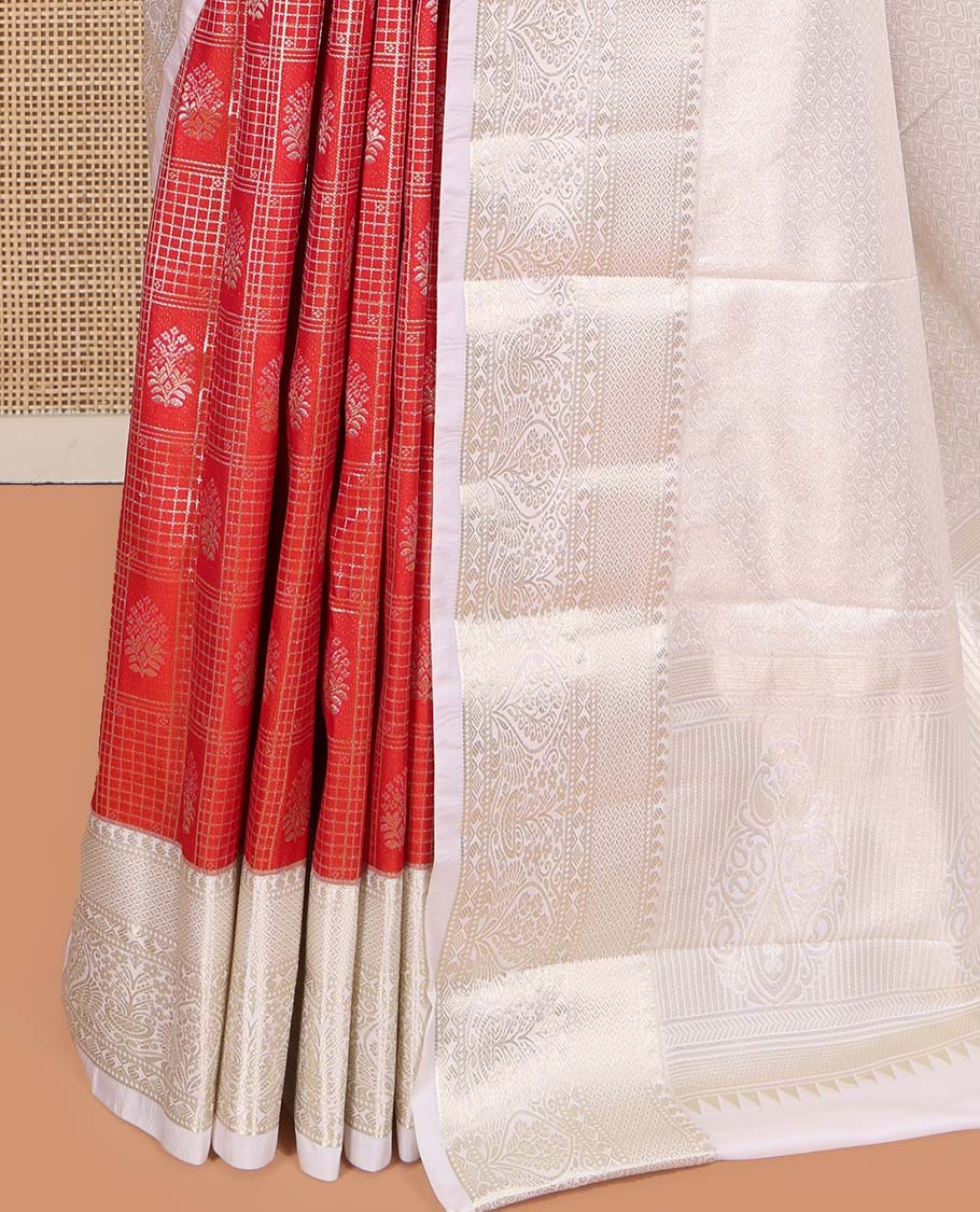 Red Budget Silk Saree, Beautifully Bedecked with Jacquard All Over Its Body, Complemented by a Contrast Paisley Zari Design Border, Mughal-Style, Intricately Patterned Pallu, and Paired with a Contrast Blouse