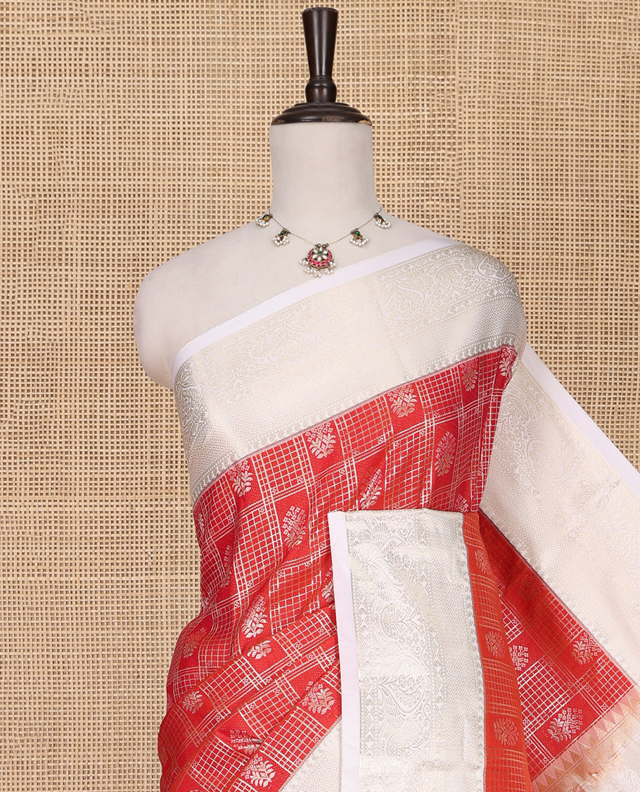 Red Budget Silk Saree, Beautifully Bedecked with Jacquard All Over Its Body, Complemented by a Contrast Paisley Zari Design Border, Mughal-Style, Intricately Patterned Pallu, and Paired with a Contrast Blouse