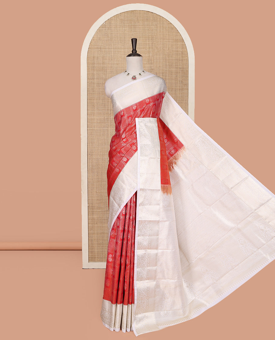 Red Budget Silk Saree, Beautifully Bedecked with Jacquard All Over Its Body, Complemented by a Contrast Paisley Zari Design Border, Mughal-Style, Intricately Patterned Pallu, and Paired with a Contrast Blouse