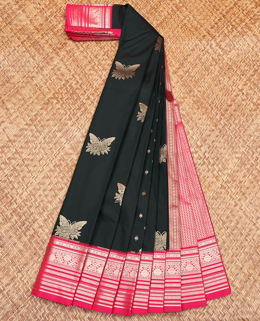 Black Budget Silk Saree, Beautified with Butterfly Buttas All Over Its Body, Complemented by a Contrast Traditional Zari Design Border, Contrast Pallu of Chevron Stripes, and Paired with a Contrast Blouse