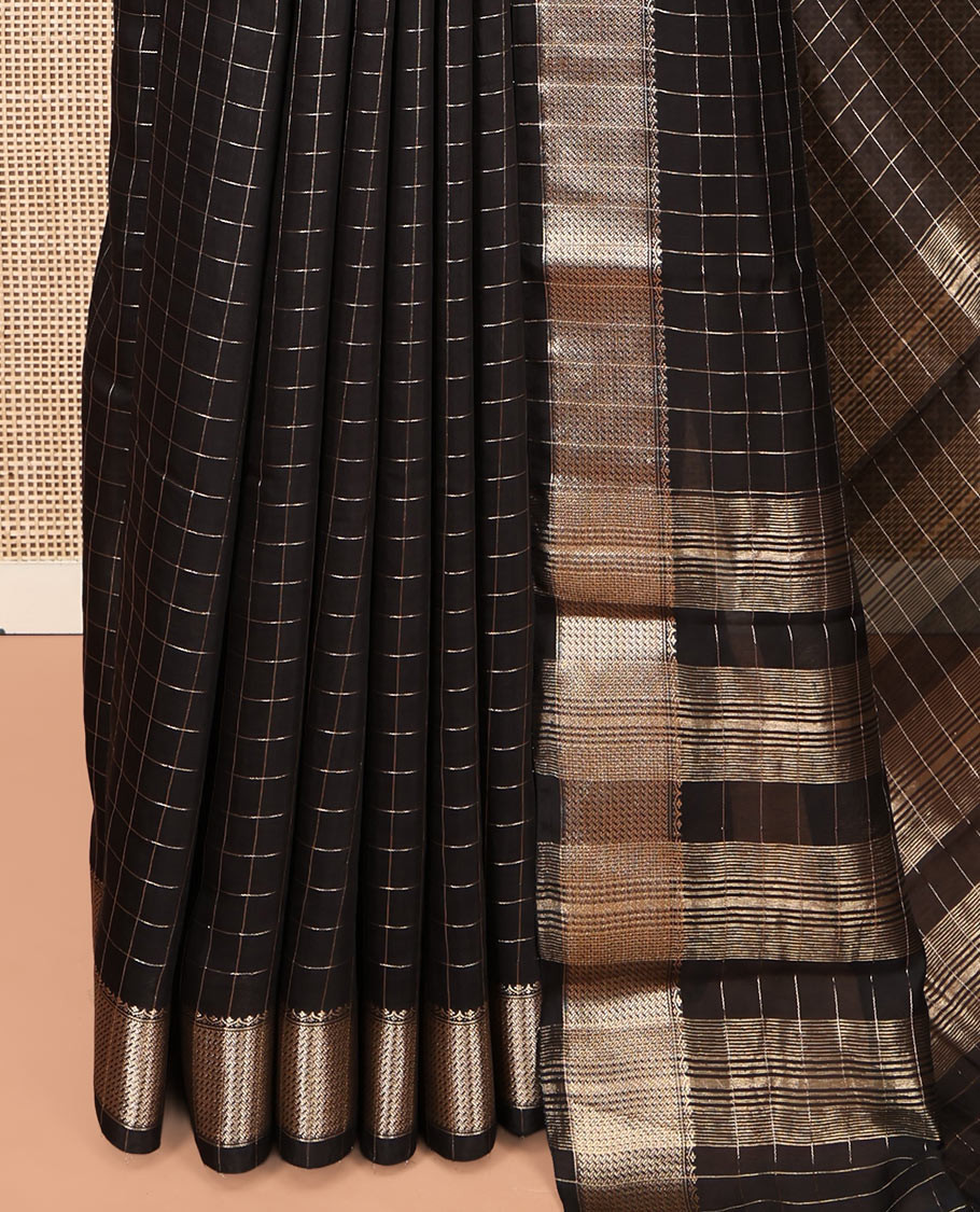 Black Zari Checked Assam Silk Saree, Highlighted by a Traditional Zari Border, Gleaming Zari-Striped Pallu, and a Matching Blouse
