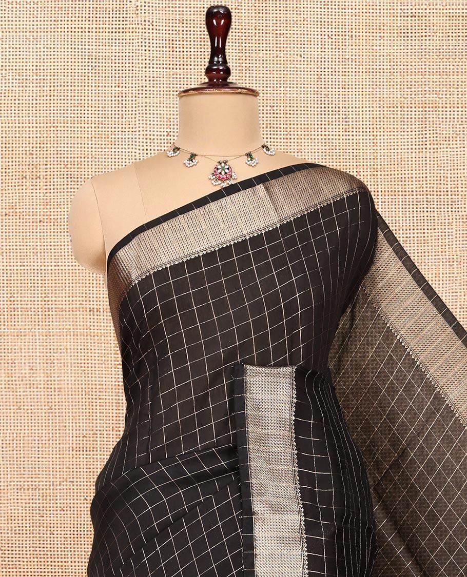 Black Zari Checked Assam Silk Saree, Highlighted by a Traditional Zari Border, Gleaming Zari-Striped Pallu, and a Matching Blouse
