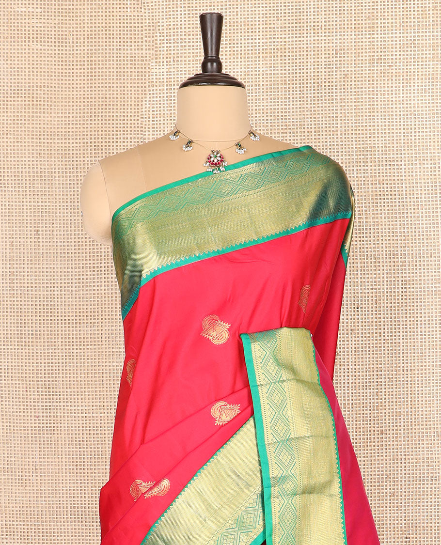 Red zari buttas budget silk saree, contrast traditional zari design woven border, and ogee patterned pallu