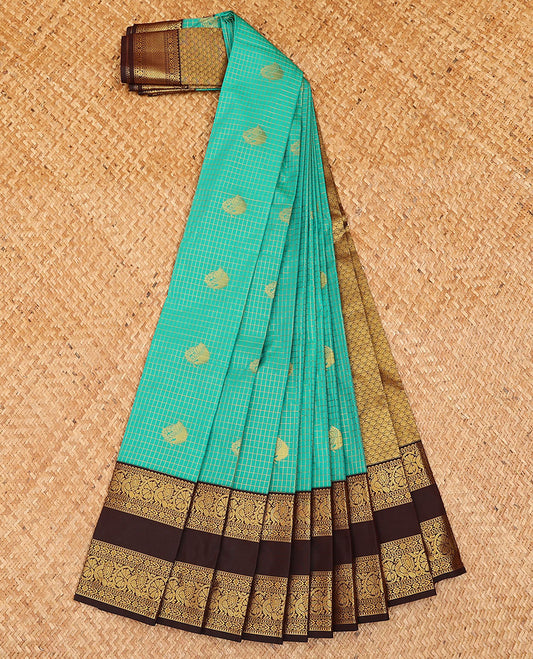 Green zari checked, and buttas budget silk saree, contrast traditional zari design rettai pettu border, and jaal pallu