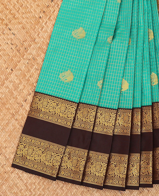 Green zari checked, and buttas budget silk saree, contrast traditional zari design rettai pettu border, and jaal pallu