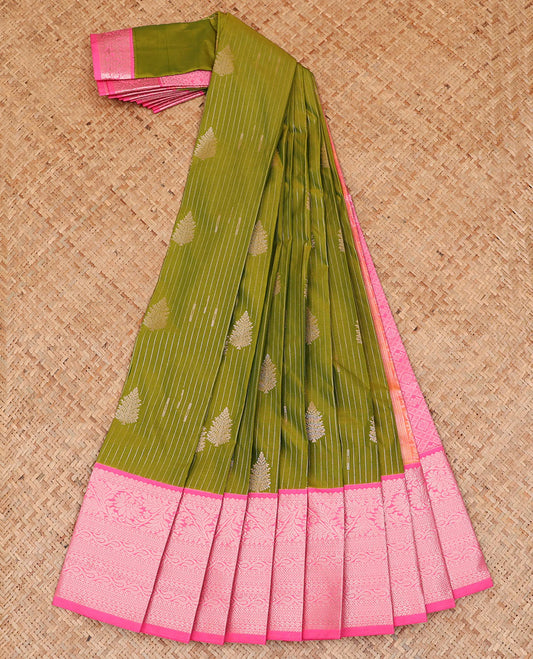 Green striped and tree motifs budget silk saree, contrast traditional zari border, and jaal pallu
