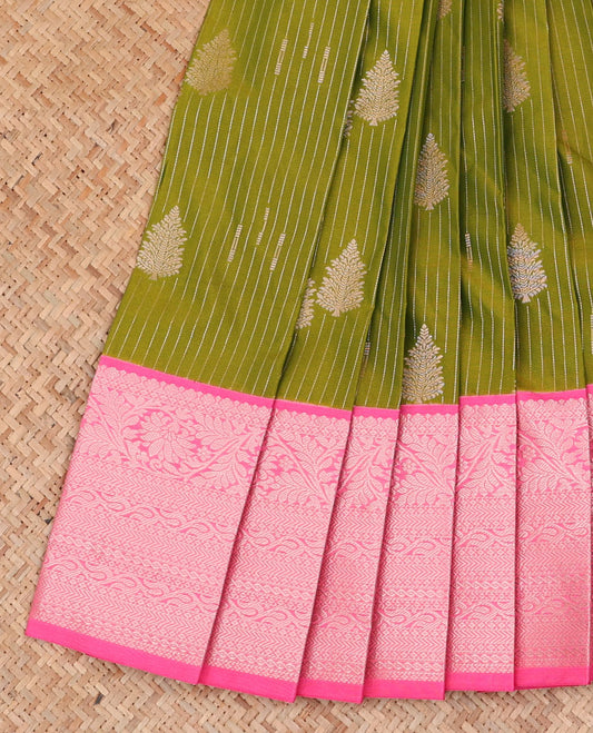 Green striped and tree motifs budget silk saree, contrast traditional zari border, and jaal pallu