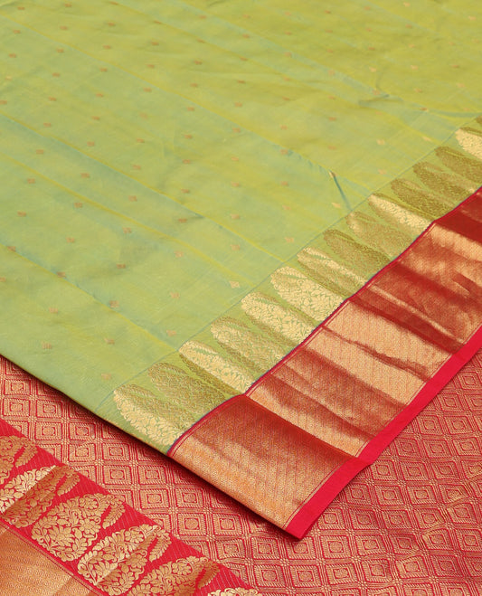 Green zari buttas Bangalore silk saree, contrast zari border of paisleys, and jaal pallu