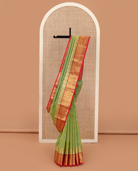 Green zari buttas Bangalore silk saree, contrast zari border of paisleys, and jaal pallu