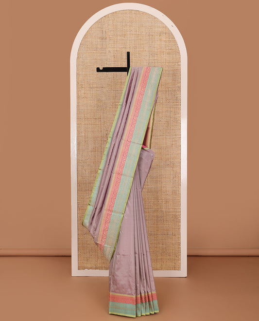 Grey zari buttas katan silk saree, contrast traditional zari border of floral creeper motifs, and Mughal style intricate patterns featured pallu