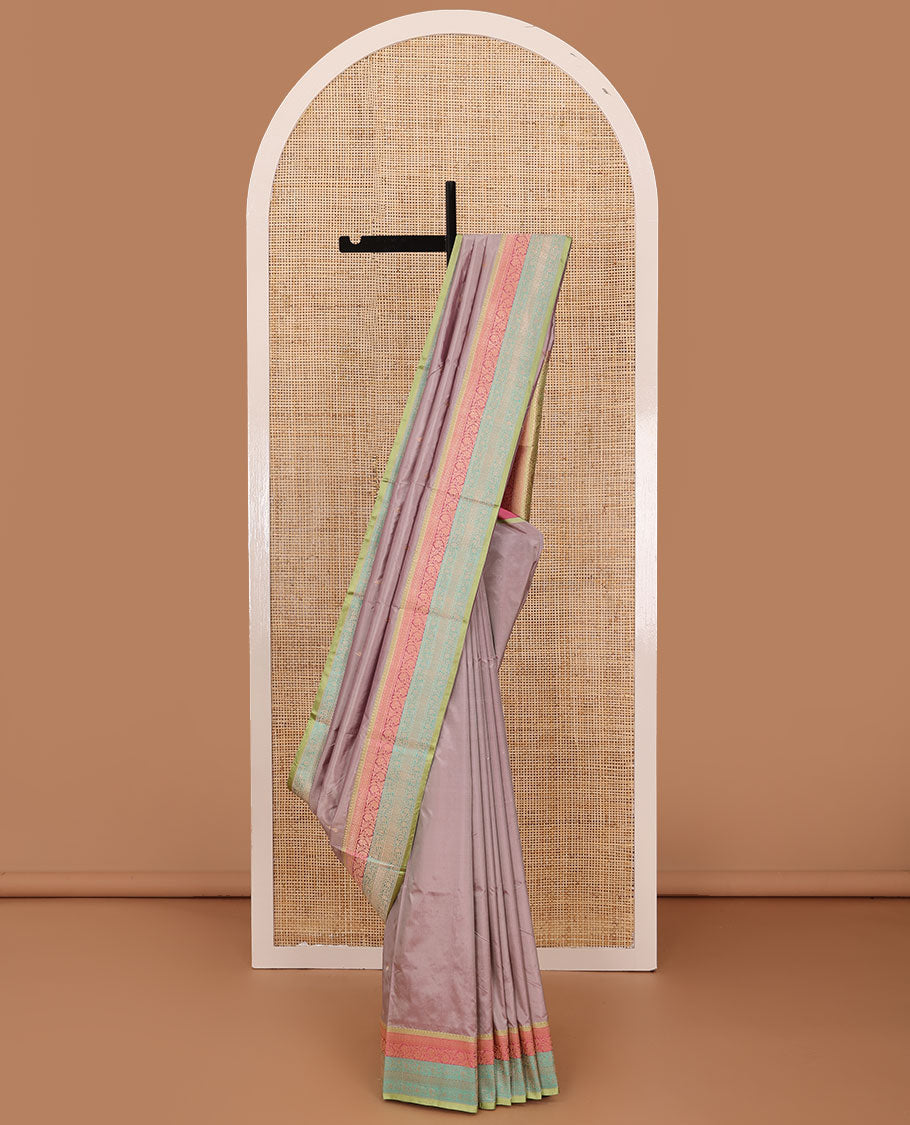 Grey zari buttas katan silk saree, contrast traditional zari border of floral creeper motifs, and Mughal style intricate patterns featured pallu