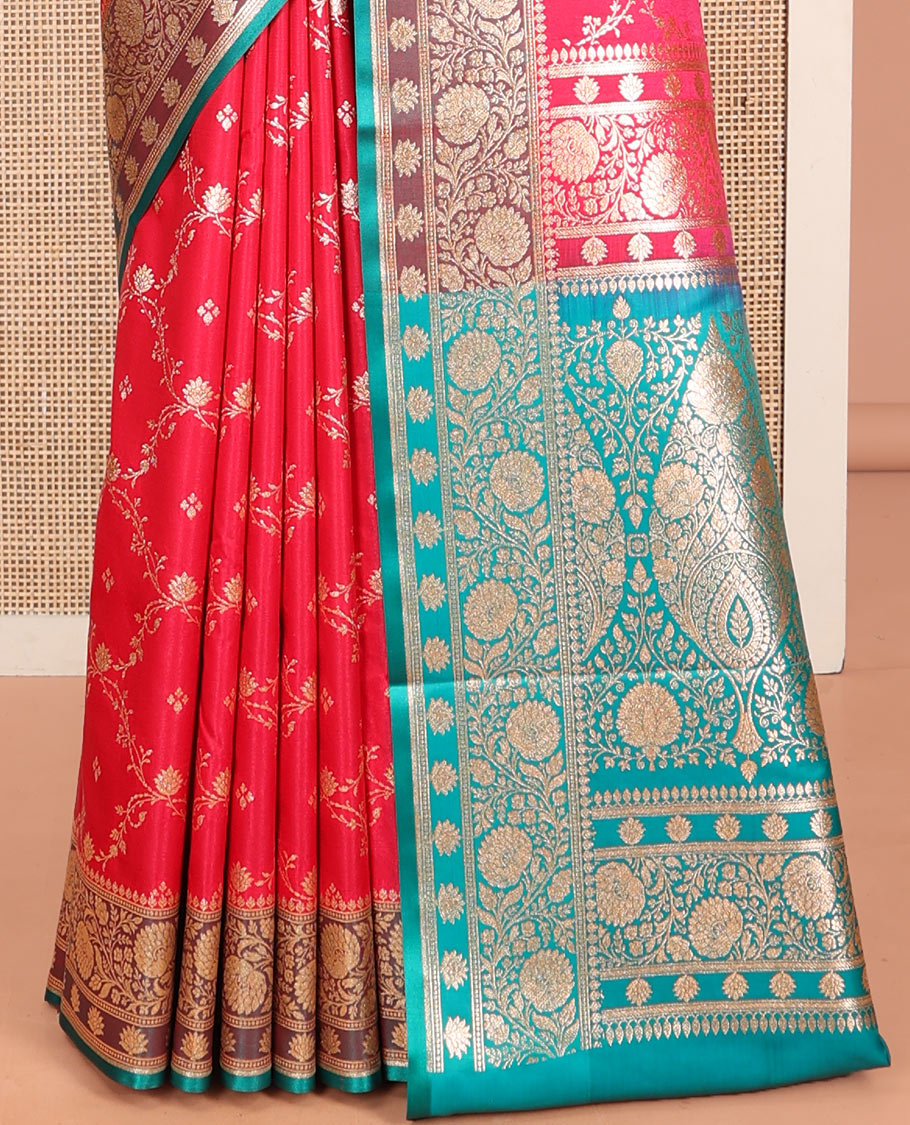 Pink Banarasi Nylon Saree, Embellished with Jacquard Design, Complemented by a Contrast Traditional Zari Border, Intricate Pallu, and a Contrast Blouse