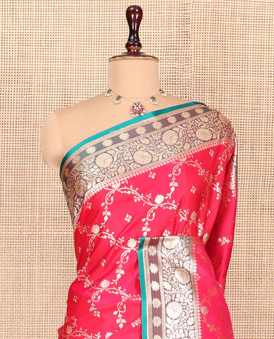 Pink Banarasi Nylon Saree, Embellished with Jacquard Design, Complemented by a Contrast Traditional Zari Border, Intricate Pallu, and a Contrast Blouse