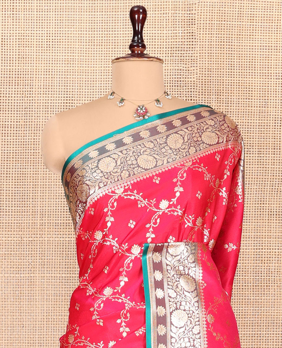 Pink Banarasi Nylon Saree, Embellished with Jacquard Design, Complemented by a Contrast Traditional Zari Border, Intricate Pallu, and a Contrast Blouse