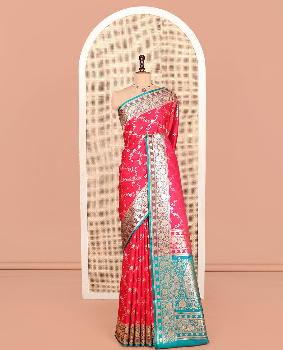 Pink Banarasi Nylon Saree, Embellished with Jacquard Design, Complemented by a Contrast Traditional Zari Border, Intricate Pallu, and a Contrast Blouse