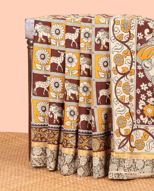 Multi-color floral animal motifs machine-printed kalamkari cotton saree with contrast floral design border & peacock design pallu
