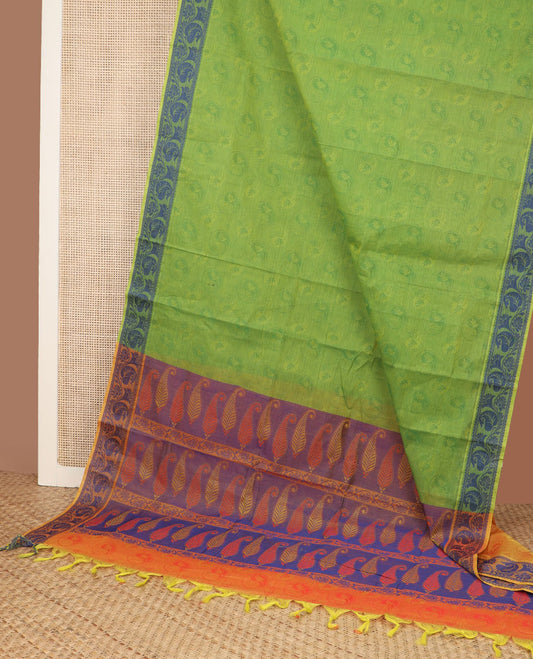 Parrot green circular-shaped motifs Coimbatore cotton saree, leaf vine border, & contrast paisley motifs pallu