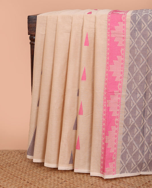 Borderless sandal temple buttas Kanchi cotton saree, self-pallu of temple, and jaal designs