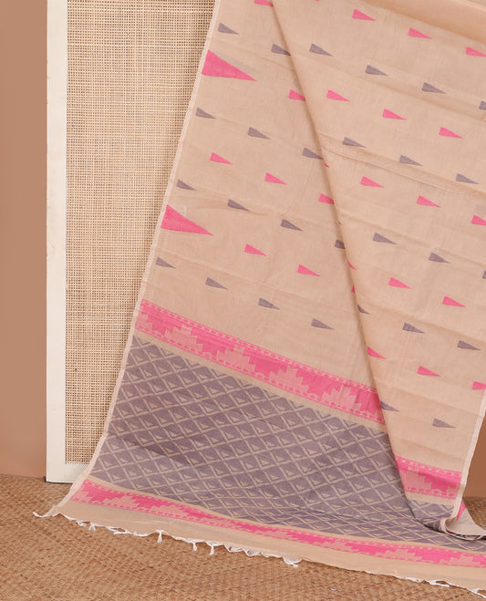 Borderless sandal temple buttas Kanchi cotton saree, self-pallu of temple, and jaal designs