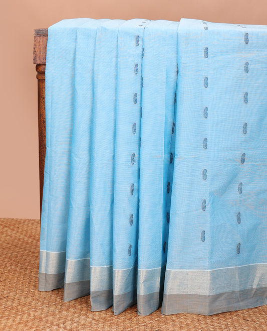 Blue paisley buttas kanchi cotton saree, contrast plain border, and floral-geometric pallu